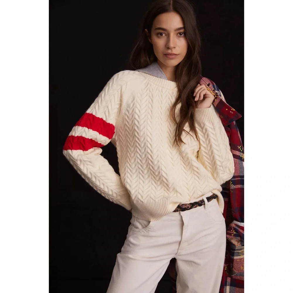 Anthropologie Central Park West Striped Cable-Knit Sweater Hoodie NWT Size Large - Picture 2 of 8